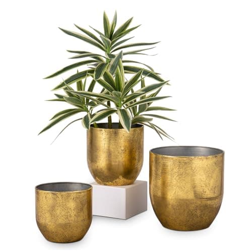 Image of Oairse Set of 3 Metal Plant Pots Indoor Gold Garden Planters Vintage Flower Pot for Indoor/Outdoor Decorative Iron Planter for Plant or Home Office Modern Farmhouse Decor