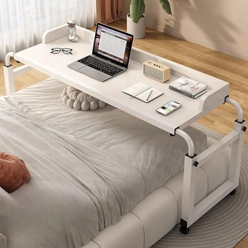 Image of WUDLEP Height Adjustable Overbed Table with Wheels, 120-210cm White Mobile Over Bed Desk with 65cm-95cm Adjustable Stand, Mobile Laptop Cart Computer Desk for Bed, Sofa or Office Use