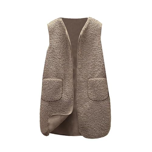 Image of Womens Teddy Fleece Gilet Longline V Neck Zip Up Waistcoat Casual Sleeveless Vest Tops Winter Solid Body Warmers Ladies Cozy Outdoor Fluffy Jacket with Pockets Walking Running Coffee M
