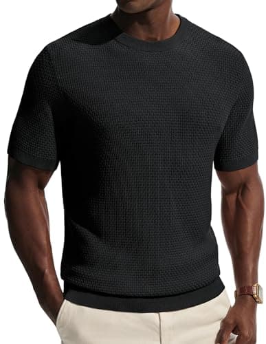 Image of PJ PAUL JONES Mens T-Shirts Short Sleeve Crew Neck Tshirt Solid Knitted Tee Mens Tops Black M