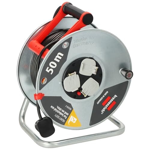 Image of Brennenstuhl Garant Cable Reel 50m (Made in Germany, Extension Lead with 3 sockets and Thermal Cut-Out Protection, Rust-Proof Steel Reel Body, Ergonomic Handle)