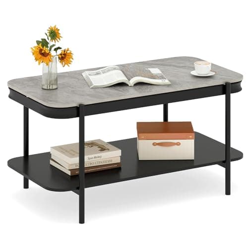 Image of COSTWAY 2-Tier Coffee Table, Modern Faux Marble Cocktail Center Table Unit with Storage Shelf, Metal Frame Rectangle Accent Sofa Side Tea Tables for Living Room and Office, 90x50x45.5cm, Grey+Black