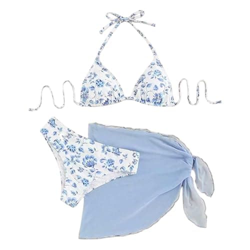 Image of Women 3-Piece Bikini Sets with Floral Pattern Halterneck Swimsuit with Cover Up Skirt Cute Swimsuit Set Swimming Costume Beach Vacation Holiday Essentials Blue