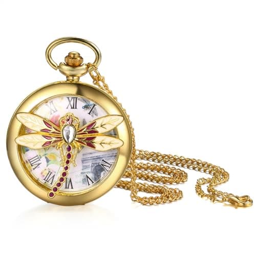 Image of JewelryWe Quartz Dragonfly Pocket Watch: Ladies Gold Embossed Analog Roman Numerals Dial Women Fob Half Hunter Watch with Sweater Chain
