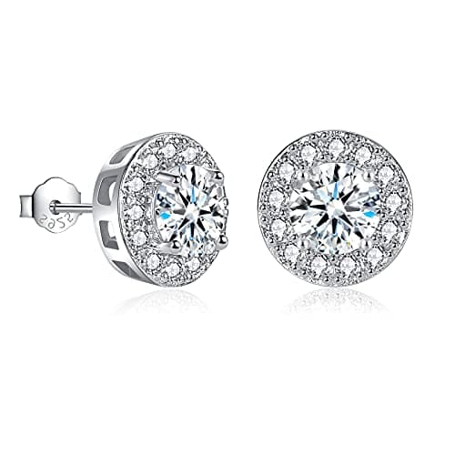 Image of EPIRORA Silver Stud Earrings for Women Girls, Sterling Silver Round Halo Cubic Zirconia Studs, Dainty Bridal Diamond Stud Earrings Jewellery Set for Wedding Anniversary (Silver)