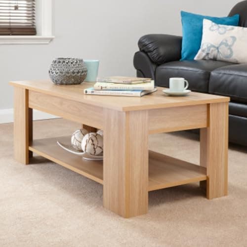 Image of GFW Lift Up Coffee Table With Hidden Storage For Living Room. Modern Wooden Lift Top Coffee Tables With Display Shelf & Storage Compartment For Media & Accessories, Oak, H39.5cm x W105cm x D50cm