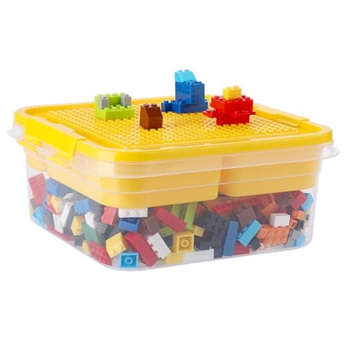 Image of OGANAZI Plastic Building Block Bricks Storage with Sorting Tray and Building Plate Lid, Lego Compatible, Yellow, 24x24x11cm