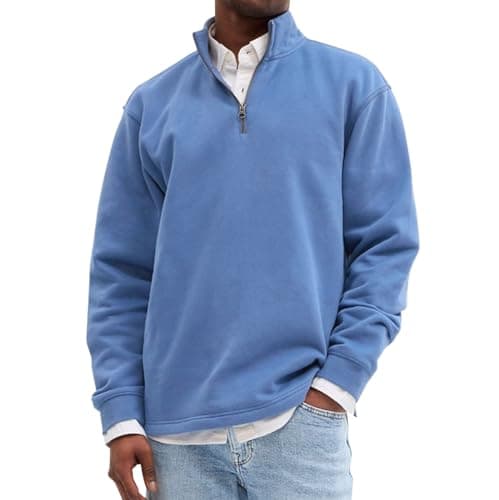 Image of 1/4 Zip Sweatshirt Mens, Loose Fit Casual Pullover Half Zip Sweatshirts Stand Collar Long Sleeve Sweatshirt Plain Soft Work Jumper Tops Solid Color Lightweight Casual Sweatshirts Sweatshirt Blue