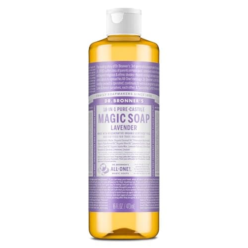 Image of Dr Bronner's 18-in-1 Lavender Pure-Castile Liquid Soap, Made with Organic Oils, Used for Face, Body, Hair, Dishes, Mopping and Pets, Certified Fair Trade & Vegan Friendly, 475ml Recycled Bottle