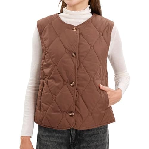 Image of Amazhiyu Womens Quilted Gilet, Womens Lightweight Bodywarmer Quilted Jacket, Ladies Button Down Sleeveless Padded Vest Waistcoat with Pockets Gilet Brown Large