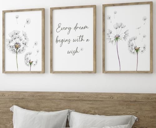 Image of Eviepops Prints Dandelion Quote Wall Art Set of 3 Unframed Prints, Plant Decor, Living Room Bedroom Poster Home Decor, Every Dream Begins with a Wish (A4)