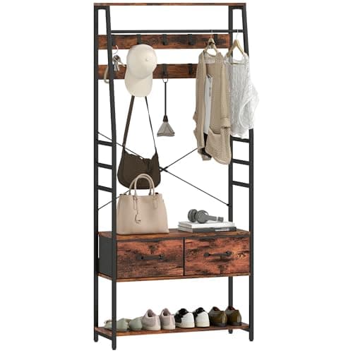 Image of HOMCOM Coat Rack with Shoe Storage, Hall Tree, Industrial Coat Stand with Shoe Bench, 10 Removable Hooks, 2 Fabric Drawers and Clothes Rail for Entryway, Hallway, Rustic Brown