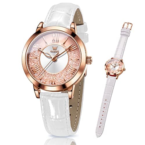 Image of OLEVS Classic Women's Leather Watches Business Watches with Roman Numerals and Rhinestones, Waterproof, Analogue, Quartz, Women's Bracelet, Pink, red and White, 5539 - White, Ronda, Fashion Wri