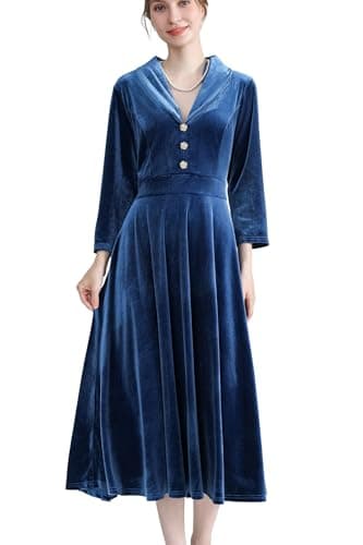 Image of AXOE Women's Velvet Dress Elegant Vintage Midi 3/4 Sleeves Autumn Winter Fashion for Wedding Guest Blue, UK Size 14, L