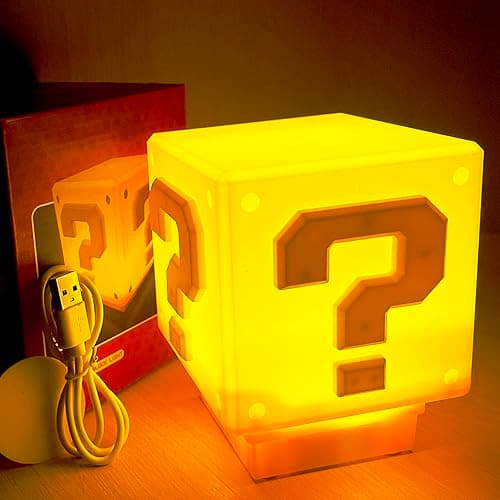 Image of hopanrel Super Bros Question Block Lamp, Square LED Night Light with USB Cable, Game-themed LED Lamp, Yellow, Polycarbonate, Kids Room Decor