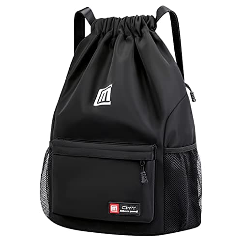 Image of Pystuvo Drawstring Gym Bag, Large Drawstring Bags With Mesh Pockets Water, Nylon Waterproof Drawstring Bag Gym Bag Drawstring With Outside Zipper For Sports Holidays Swimming Travel,Black