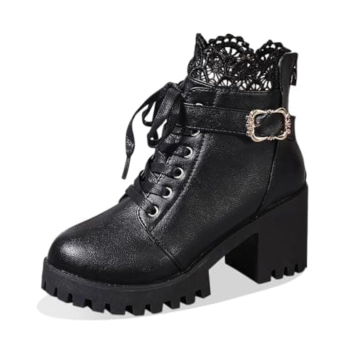 Image of Generisch Women's Winter Fashion Leather Ankle Boots with Lacing Back and Zip Platform Lace-Up Boots with High Heel, black, 6 UK