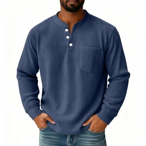 Image of Corduroy shirts Henley collar Men's Waffle Sweatshirt with Pocket V-Neck Button Up Flap Pockets Everyday Wear Basic Moisture Wicking Navy 2XL