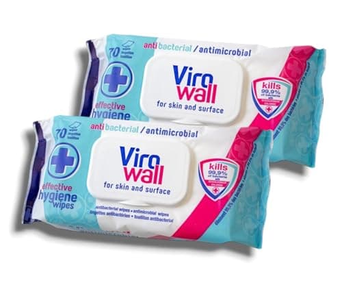 Image of 2x ViroWāll | Antibacterial Surface and Skin Wipes | Kills 99.9% Bacteria, Effective Hygiene, Dual Purpose Cleaning | 70 Wipes in a Pack | Twin pack