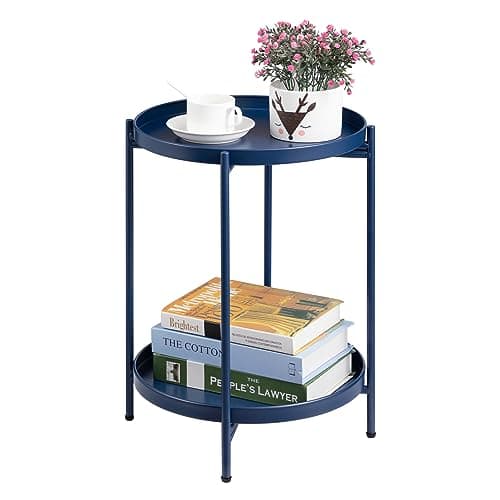 Image of HollyHOME Outdoor Side Table Metal End Table Small Round Coffee Table Balcony & Patio Table 2-Tier Tray Nightstand for Living Room Bedroom, Dark Blue