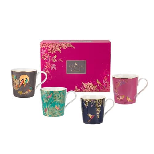 Image of Portmeirion x Sara Miller London Set of 4 Assorted Mugs - Elegant Fine China Tea and Coffee Cups with 22-Carat Gold Detailing, Chelsea Collection, Gift Boxed, A Timeless Blend of Style and Quality