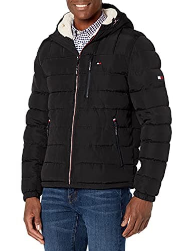 Image of Tommy Hilfiger Men's Midweight Sherpa Lined Hooded Water Resistant Puffer Jacket, Black Tech, XXL