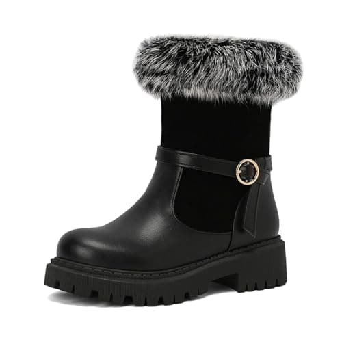Image of Generisch 2025 Womens Faux Leather Lined Slip On Winter Boots Chunky Low Heel Hiking Boots Women Black 37, black, 4 UK
