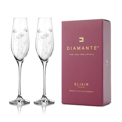 Image of DIAMANTE Set of 2 Crystal Champagne Flute Floral Glasses - Bloom - Hand Cut Floral Pattern with Crystals - in Gift Box