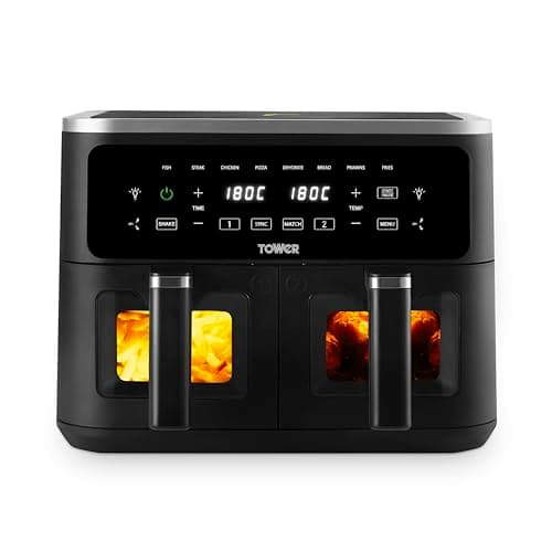 Image of Tower Vortx Vizion 9L Dual Basket Air Fryer with Digital Control Panel, 8 Cooking Pre-sets, Sync Function & Match Cook Function, Shake Reminder, 2400W, Black, T17177