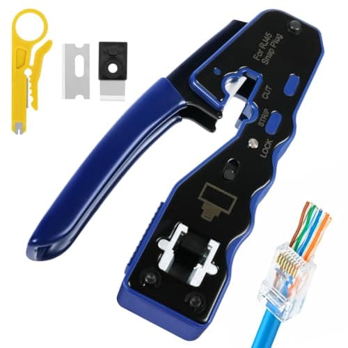 Image of vsshe RJ45 Crimp Tool Pass Through Ethernet Crimper for Cat6 Cat5e Cat6a, All-in-One Tool Cuts, Strips, Crimps, Fast and Reliable