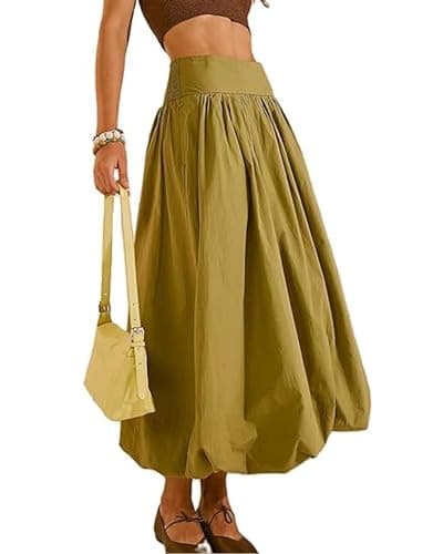 Image of Acrawnni Women Y2k Bubble Maxi Skirt Low Elastic Waist Ruffle Pleated A-line Long Skirts Summer Beach Loose Fit Cute Puffball Balloon Skirt (A-Green, L)