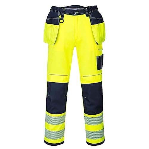 Image of Portwest PW3 T501 Mens Hi Vis Work Trousers Holster Pocket Polycotton Reflective Triple Stitched Kneepad Pocket Cargo Workwear Construction Builders Tradesman Heavy Duty, Regular, Yellow/Navy, 34