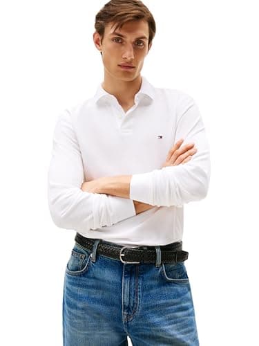 Image of Tommy Hilfiger Men's Long Sleeve Polo Shirts in Regular Fit with Stretch and Organic Pique Cotton, White, S