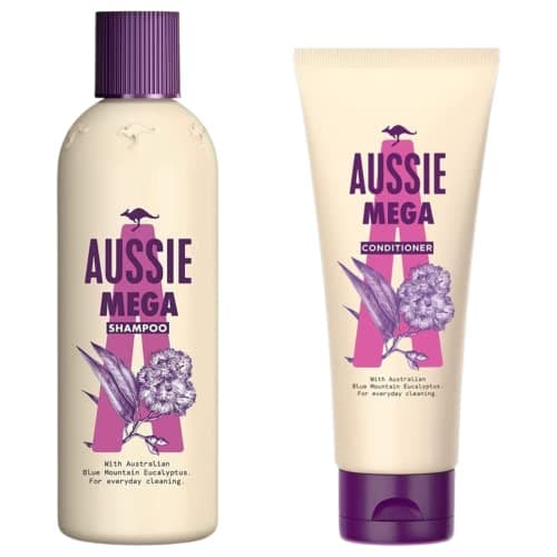 Image of Ceces Home & Garden Mega Aussie Shampoo and Conditioner Bundle with 1x Mighty Mega Shampoo 300ml, Conditioner 250ml Curved Wooden Hair Comb - for Super Soft, Bouncy full of Shine, 3 Piece Set
