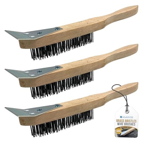 Image of Wooden Wire Brush Set – Heavy Duty 4 Row Steel Brush with Wooden Handle and Metal Scraper, Steel Wire Brush for Rust Removal and Abrasive Cleaning (Set of 3 Wire Brushes)