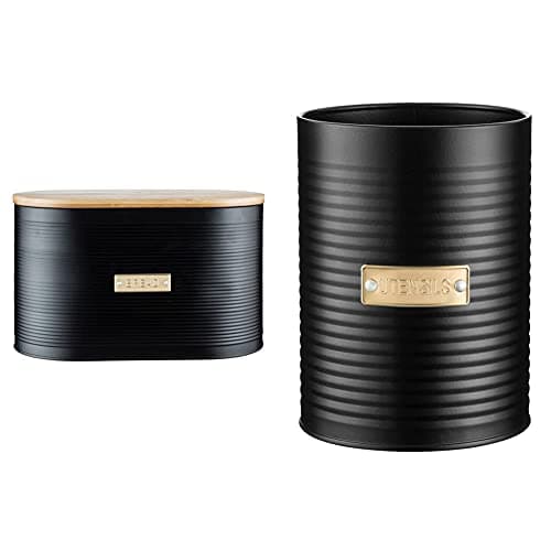 Image of Typhoon Otto Bread Bin with Bamboo Lid, 10 Litre, Matte Black and Gold & Living Otto Utensil Storage Pot, 15 x 11 cm, Matte Black/Gold