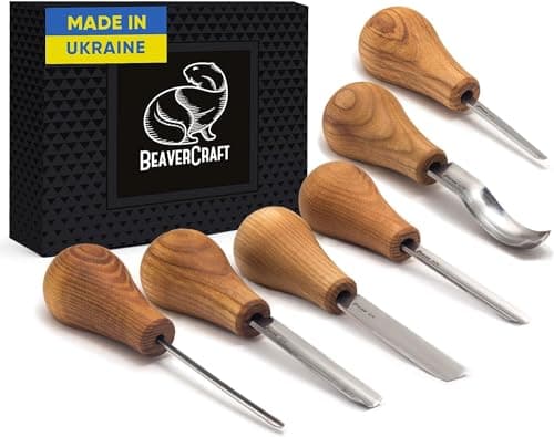 Image of BeaverCraft Wood Carving Gouges Kit SC05 - Wood Carving Chisels Set with Palm Gouge & Flat Straight Chisel, Rounded Short Bent, V-chisels - Whittling Knives, Tools for Beginners and Profi Carvers