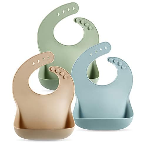 Image of PandaEar 3 Pack Thick Silicone Baby Bibs for Babies & Toddlers (10-72 Months)| Waterproof Baby Feeding Bibs Adjustable with Wide Food Catcher Pocket, Soft, Unisex, Non Messy |Brown/Blue/Green