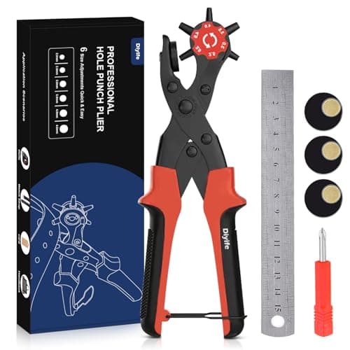 Image of Leather Hole Punch, [Upgraded Version][Perfect Full Set] Diyife Belt Puncher, Heavy Duty Revolving Plier Tool with 2 Extra Plates and Ruler, Multi Sized for Crafts, Card, Rubber, etc, Red