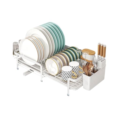 Image of JOUING Dish Drainer Rack Expandable Draining Board Rack Metal Dish Drying Rack with 360°Swivel Spout Kitchen Sink Drainer with Removable Cup and Cutlery Holder (White)