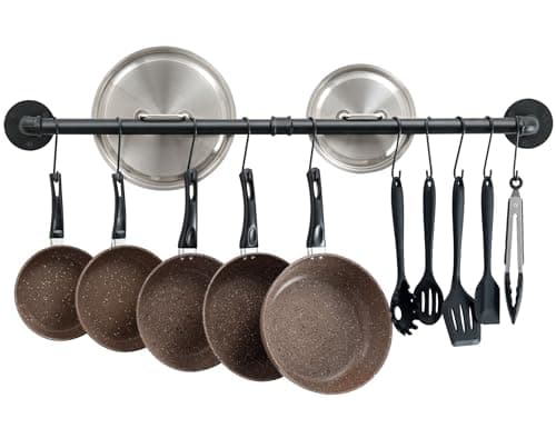 Image of OROPY Wall Mount Pot Pan Bar Rack, 97cm Metal Industrial Style Hanging Rail Kitchen Utensils Hanger Organiser with 14 Hooks, Black