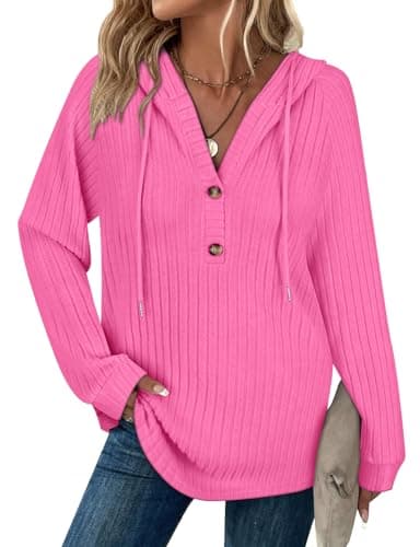 Image of Syphiby Oversized Hoodie for Women Jumper Ladies CardigansLoose Warm Hoodies Pullover Long Sleeve Sweatshirt Lightweight Autumn Winter Tops Casual V Neck Pullover Top Knitted Tunic Blouses Hot Pink