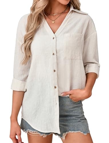 Image of Enmain Linen Shirt Women Summer Casual V-Neck Womens Beige Shirts Long Sleeve Ladies Button Up Blouses Breathable Lightweight Loose Cotton Linen Tops for Work Office Business Meetings XXL