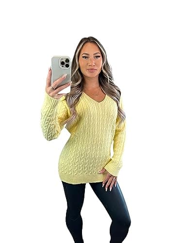 Image of Crazy Fashion Ladies Long Sleeve V-Neck Knitted Cable Women’s Jumper Knitted Sweater Pull Over Jumper Top Knit Warm Winter Chunky Everyday Casual Pullover Plain Tops Yellow UK 12-14