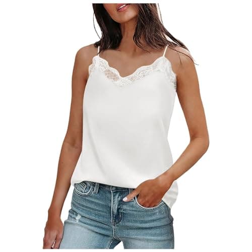 Image of Generisch Summer V Neck Tank Tops Women Silk Satin Sleeveless Camisole Tank Tops, White, M