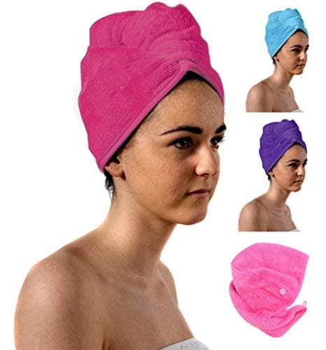 Image of Aztex Luxury Hair Turban Towel - Head Wrap With Loop and Button Fastener, Absorbent and Lightweight Cotton, Multiple Colours, 64 x 23cm - Pink