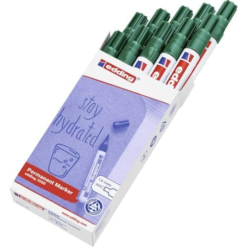 Image of edding 3000 permanent marker - green - box of 10 - round tip 1.5-3 mm - quick-drying permanent markers - waterproof, smudge-proof - for cardboard, plastic, wood, metal, fabric - marker pens