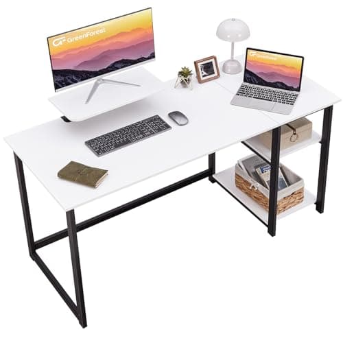 Image of GreenForest Computer Desk with Monitor Stand,140cm Office Desk with Reversible Storage Shelves,Study Desk for Home and Small Spaces,White