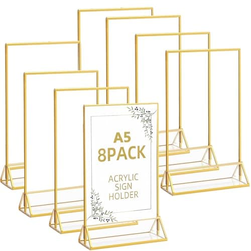 Image of Acrylic Sign Holder, 8 Pack A5(14.8 x 21cm) Gold Frames Double-Sided, Table Menu Holder Display Stand, Clear Photo Display Menu for Wedding, Party, Home, Restaurant, Art Display