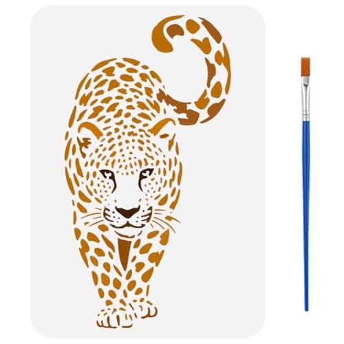Image of FINGERINSPIRE Leopard Painting Stencil with Brush 21x29.7cm Walking Leopard Pattern Drawing Template DIY Art Animal Theme Decoration Stencil for Painting on Wood Wall Fabric Furniture